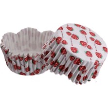 Depposite Cupcake Kalıbı Pet Kapsül Dalgalı Kek Kalıbı 65X38 mm - 100'LÜ Beyaza Sık Çilek Desenli