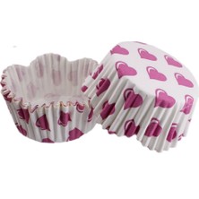 Depposite Cupcake Kalıbı Pet Kapsül Dalgalı Kek Kalıbı 65X38 mm - 100'LÜ Beyaza Fuşya Kalpli 3.8 cm