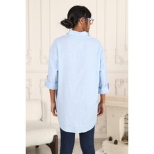 Fancy Kadın %100 Pamuklu Kol Katlamalı Apoletli Bol Kesim Oversize Basic Keten Gömlek