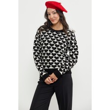 Sementa Kalp Desenli Sıfır Yaka Triko Kazak - Siyah