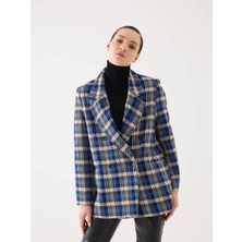 Juste Ekose Desen Saks Kruvaze Oversize Blazer Ceket