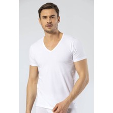 Cacharel Erkek Derin V Yaka Likralı T-shirt Beyaz