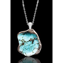 Tesbih Atölyesi Sertifikalı Hakiki Ham Işlenmemiş Iran Firuze Taşı Kolye - Gümüş Kaplama