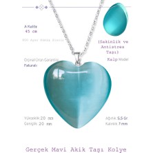 Tesbih Atölyesi Sertifikalı Kalp Model Açık Mavi Akik Taşı Kolye (Gümüş Aparatlı)