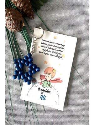 Emtory Home 30 Adet Küçük Prens Temalı Kişiye Özel Kartlı - Zincirli Ahşap Yıldız Anahtarlık - Bebek Hediyelik