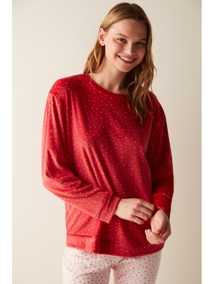 Yıldız Desenli Kırmızı Fuzzy Sweatshirt Pijama Üstü