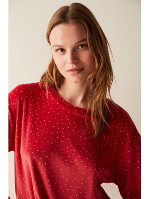 Yıldız Desenli Kırmızı Fuzzy Sweatshirt Pijama Üstü