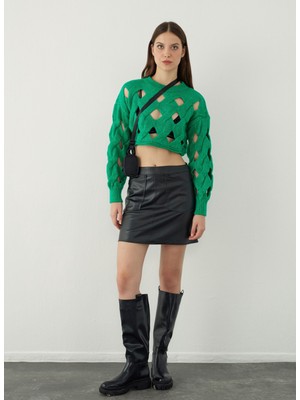 Sherin Yuvarlak Yaka Geniş Fit Düz Yeşil Kazak Kadın SW23K4825YE