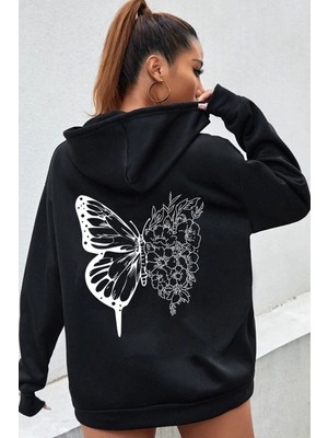 Trendseninle Siyah Flower Butterflies Baskılı Oversize Sweatshirt Hoodie