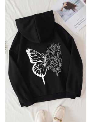 Trendseninle Siyah Flower Butterflies Baskılı Oversize Sweatshirt Hoodie