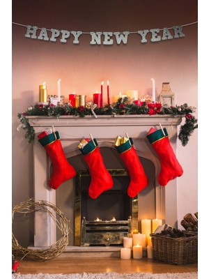 Artikel Gri Happy New Year Yazılı Banner, Özel Gün, Davet Organizasyonu ,yeni Yıl, Yılbaşı Sofrası, Simli Eva Banner