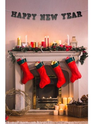 Artikel Siyah Happy New Year Yazılı Banner, Özel Gün, Davet Organizasyonu ,yeni Yıl, Yılbaşı Sofrası, Simli Eva Banner