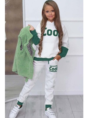 Riccotarz Kız Çocuk Cool Baskılı Kapüşonlu Sweatshirt ve Peluş Yelekli Yeşil Eşofman Takım