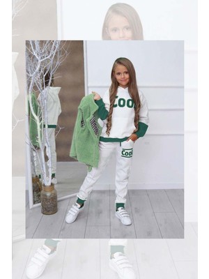 Riccotarz Kız Çocuk Cool Baskılı Kapüşonlu Sweatshirt ve Peluş Yelekli Yeşil Eşofman Takım