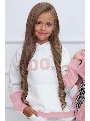 Riccotarz Kız Çocuk Cool Baskılı Kapüşonlu Sweatshirt ve Peluş Yelekli Pudra Eşofman Takım