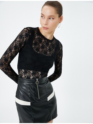 Koton Crop Tül Bluz Çiçek Desenli Uzun Kollu Dik Yaka