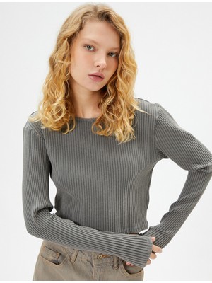 Koton Basic Crop Tişört Soluk Efektli Uzun Kollu Bisiklet Yaka Kaşkorse Pamuklu Slim Fit