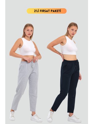 Mmetalic Metalıc Gri-Lacivert Kadın Klasik Cepli 2'li Eşofman Altı
