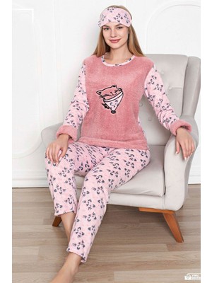 Sharin Kadın Pembe Desenli Welsoft Desenli Kışlık Polar Pijama Takım 1C-2181