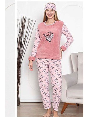 Sharin Kadın Pembe Desenli Welsoft Desenli Kışlık Polar Pijama Takım 1C-2181