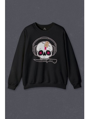 So Cool  Sweatshirt Müzik Dinleyen Kuru Kafa Kulaklık Bıçak Yara Bandı Skull Baskılı Sweat