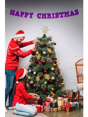 Artikel Mor Happy Christmas Yazılı Banner , Özel Gün, Davet Organizasyonu ,yeni Yıl, Yılbaşı Sofrası, Simli Eva Banner