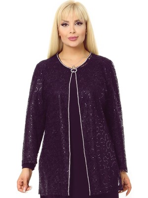 Ladies First Büyük Beden 3726 Patlıcan Ceket+Bluz Takım