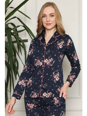 Bies Kadın Lacivert Pembe Çiçekli Önden Düğmeli Gömlek Yaka Uzun Kol Mevsimlik Pamuk Likra Pijama Takımı