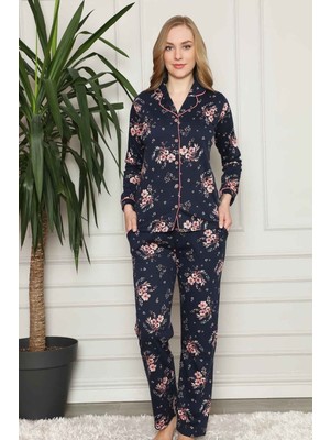 Bies Kadın Lacivert Pembe Çiçekli Önden Düğmeli Gömlek Yaka Uzun Kol Mevsimlik Pamuk Likra Pijama Takımı