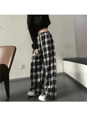 Violon Harajuku Kare Ekose Desenli Siyah Unisex Rahat Kesim Pijama Eşofman Altı