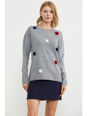 Sementa Ponpon Detaylı Sıfır Yaka Basic Triko Kazak - Gri