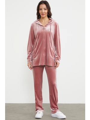 Sementa Tam Fermuarlı Tunik Boy Kadife Eşofman Takım - Pudra