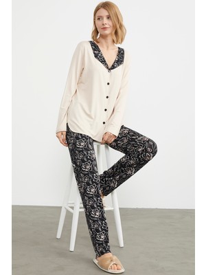 Sementa Açık Yaka Düğmeli Pijama Takım - Bej