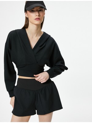 Koton Modal Kumaş Crop Kapüşonlu Sweatshirt Kruvaze V Yaka