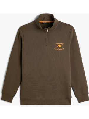Koton Yarım Fermuarlı Sweatshirt Dik Yaka Slogan Baskılı