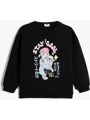 Koton Anime Baskılı Sweatshirt Bisiklet Yaka Şardonlu