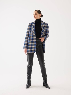 Juste Ekose Desen Saks Kruvaze Oversize Blazer Ceket