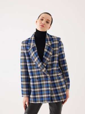 Juste Ekose Desen Saks Kruvaze Oversize Blazer Ceket