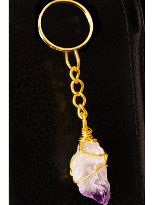 Tesbih Atölyesi Sertifikalı Gold Tel Sargılı Ametist Taşı Anahtarlık