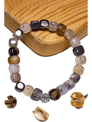 Tesbih Atölyesi Sertifikalı Küp Kesim Siyah - Beyaz Akik Taşı Bileklik - Gümüş Aparatlı