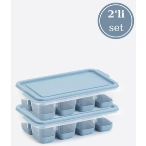 2’li Mini Silikon Tabanlı Kapaklı Bas Çıkar Buz Kalıbı, 8 Bölmeli Yapışmaz Buzluk 2 Adet Mavi
