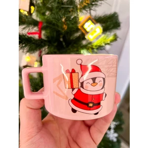Penguen Noel Baba Desenli Kare Saplı Kupa