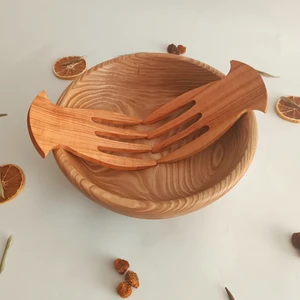 Artful Wooden Ahşap Sunum, Servis Tabağı, Kasesi ve Salata Eli- Özel El Yapımı Kestane Ağacı Büyük Boy