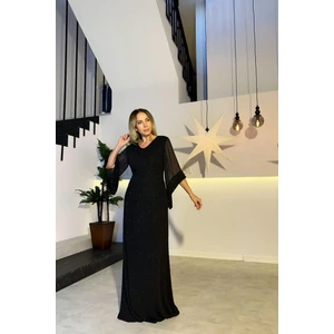 Ges Moda G0758 Şifon Kol Detaylı Simli Maksi Abiye Elbise Siyah