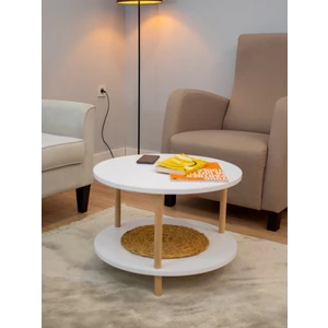 Yuvarlak Orta Sehpa Ahşap Ayaklı Sehpa Iki Raflı Sehpa Dekoratif Sehpa Gazetelik-Beyaz