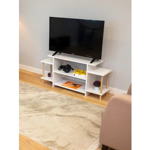 Tv Ünitesi Ahşap Ayaklı Televizyon Sehpası Dekoratif Raflı Modern Mobilya- 120 Cm-Beyaz