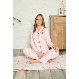 Kadın Pembe Beyaz Çizgili Önden Düğmeli Gömlek Yaka Uzun Kol Mevsimlik Pamuk Likra Pijama Takımı