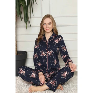 Kadın Lacivert Pembe Çiçekli Önden Düğmeli Gömlek Yaka Uzun Kol Mevsimlik Pamuk Likra Pijama Takımı