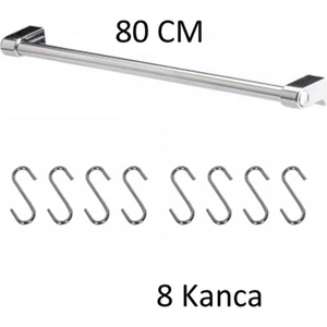 Mutfak Askılık - Banyo- Askılık Genel Amaçlı Duvar Askısı Krom 80 cm Boru 8 Adet Askı