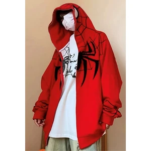 Kırmızı Kapüşonlu Siyah Spiderman Desenli Maske Detay  Oversize Sweatshirt Hırka